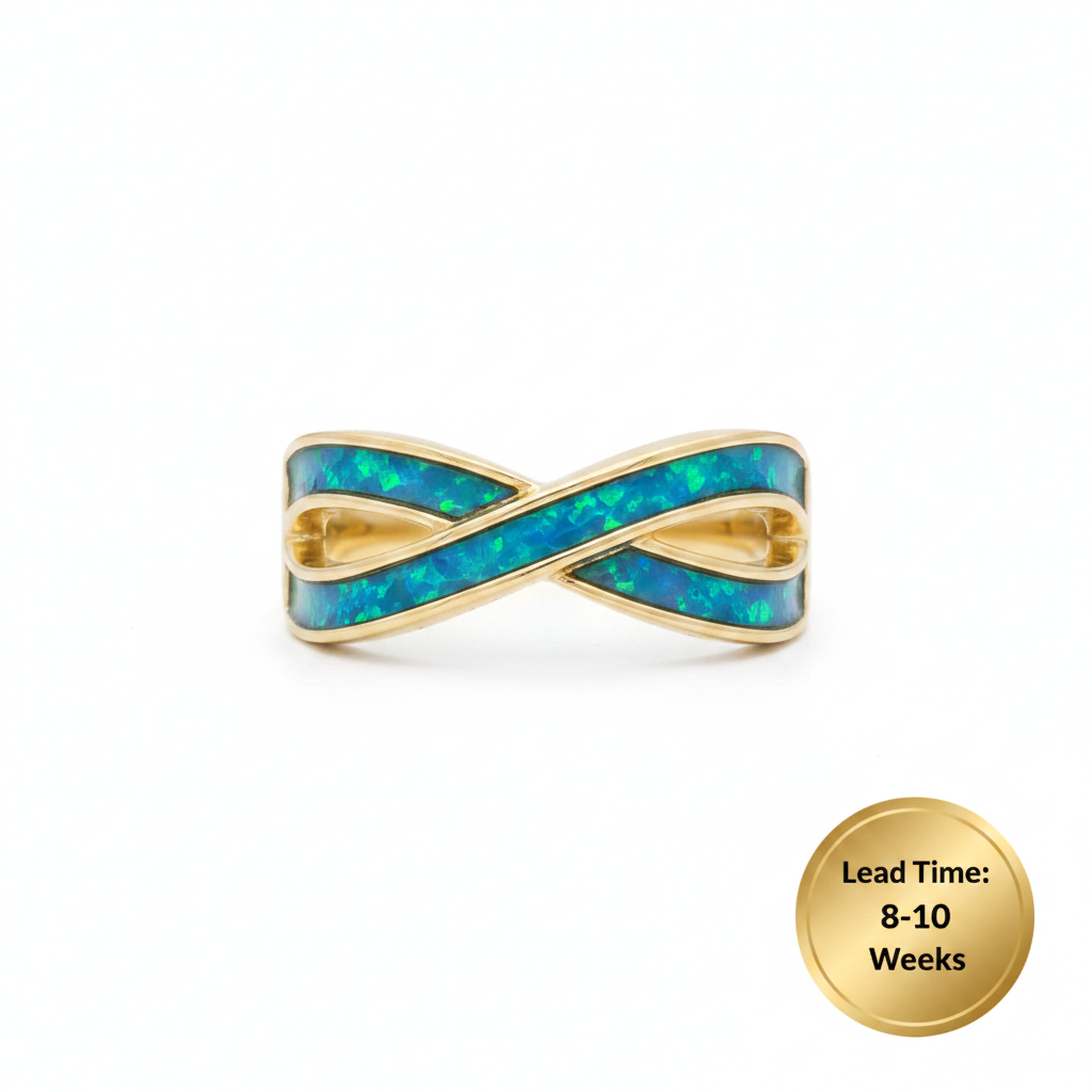 9ct yellow gold infinity double channel memorial ring with blue teal opal resin in channels, white background, lead time 8-10 weeks