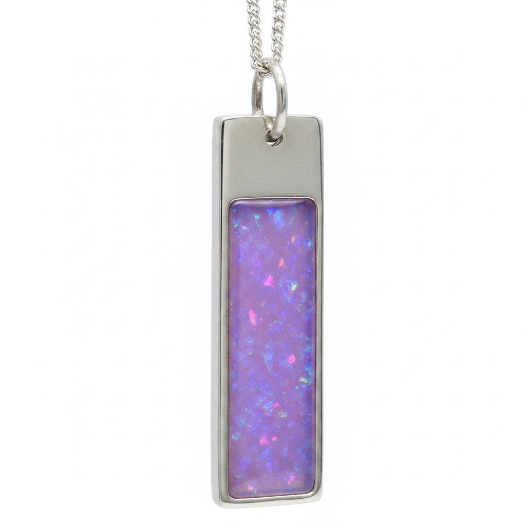 Gents Oblong Dog Tag Bar 925 Silver Memorial Pendant with lavender opal resin — white background
