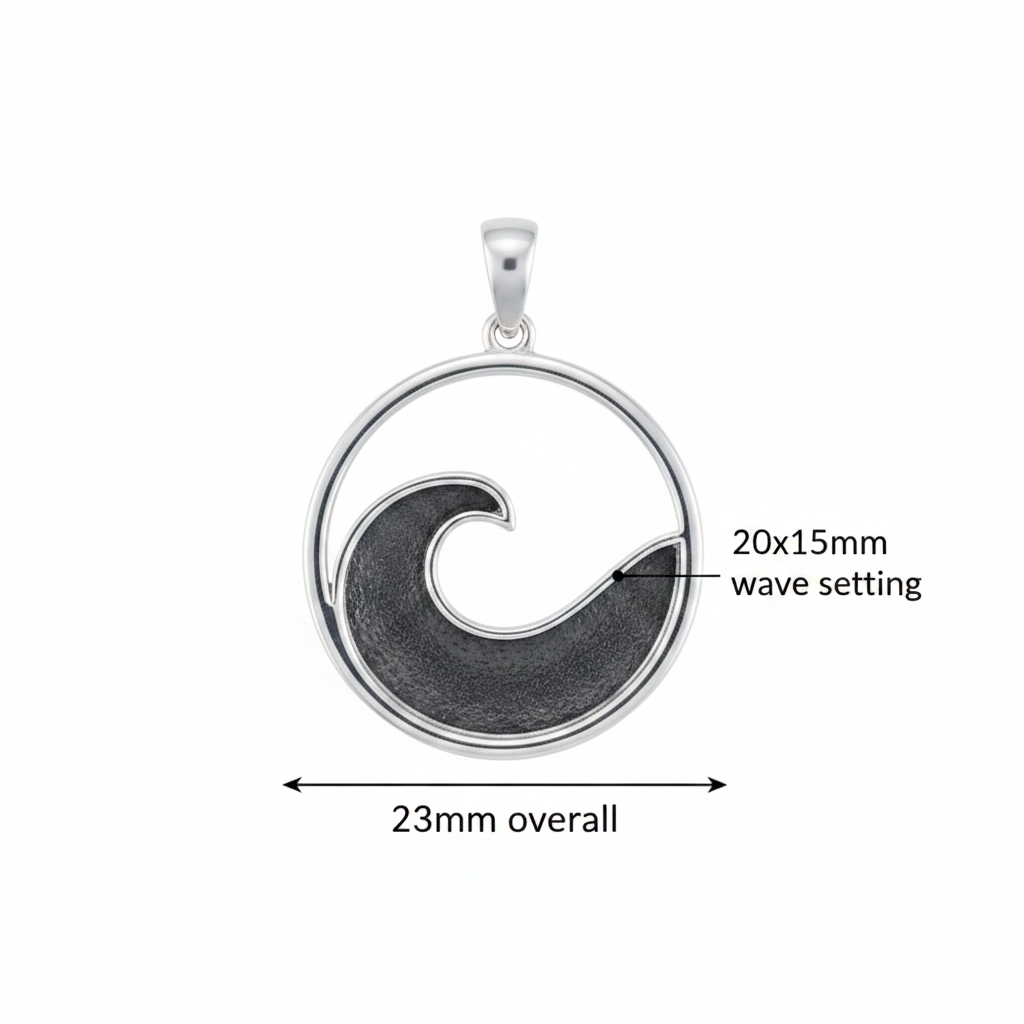 Silver 925 wave memorial pendant dimensions — 23mm diameter, 20x15mm wave setting