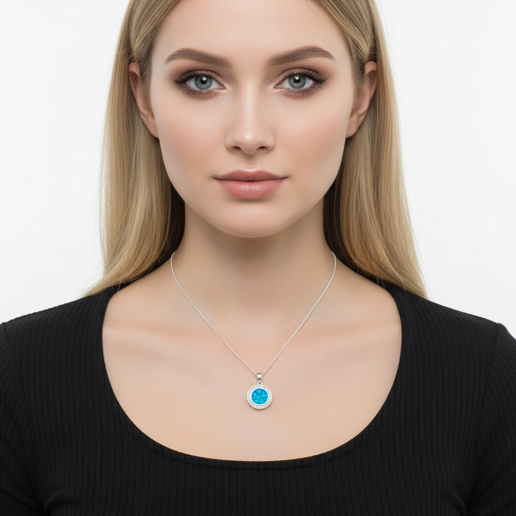 Model wearing solid silver 925 round halo CZ memorial pendant at true 13mm scale