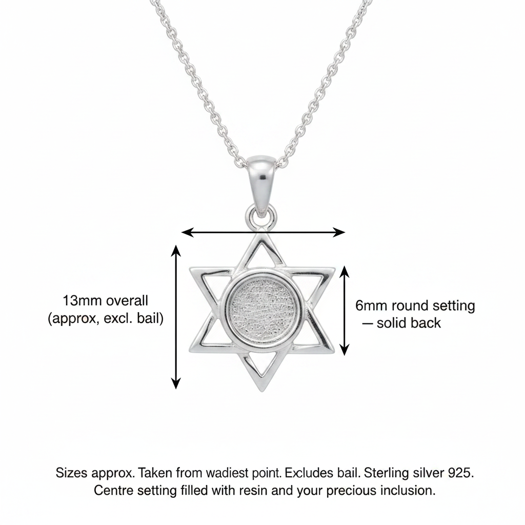 Silver 925 six-pointed star memorial pendant dimensions guide — 13mm overall, 6mm round solid back centre setting, excludes bail