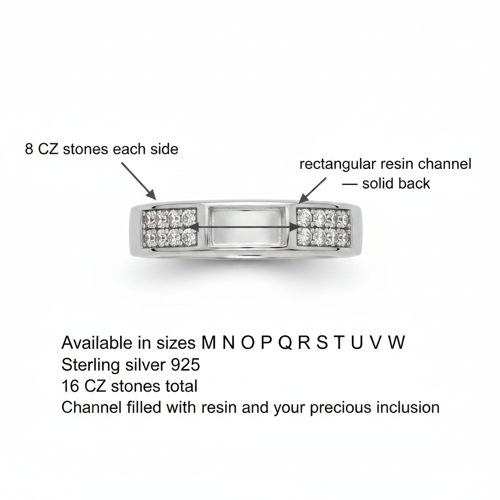Silver 925 CZ band memorial ring dimensions guide — rectangular resin channel, 8 CZ stones each side, sizes M to W