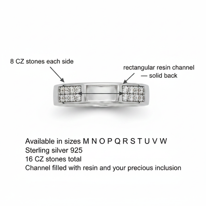 Silver 925 CZ band memorial ring dimensions guide — rectangular resin channel, 8 CZ stones each side, sizes M to W