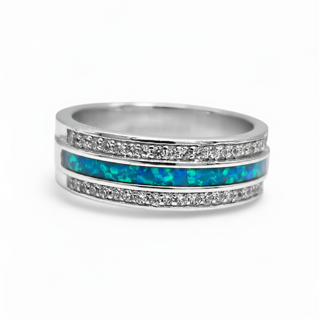 Silver 925 duo crystal ring band with blue teal opal resin in channel groove on white background