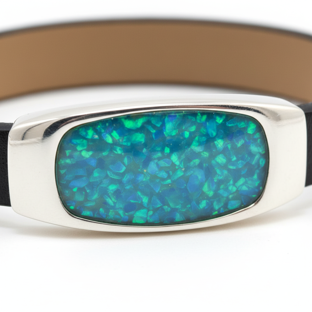 Silver 925 gents leather memorial bracelet — close-up macro of 27x15mm rectangular setting with blue teal opal resin