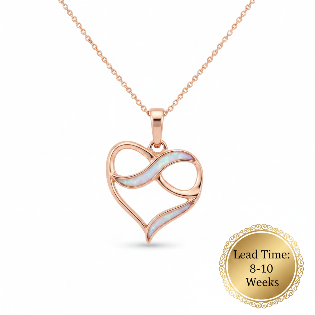 9ct rose gold heart infinity pendant with white pearl opal resin in infinity channel on chain, white background, lead time 8-10 weeks