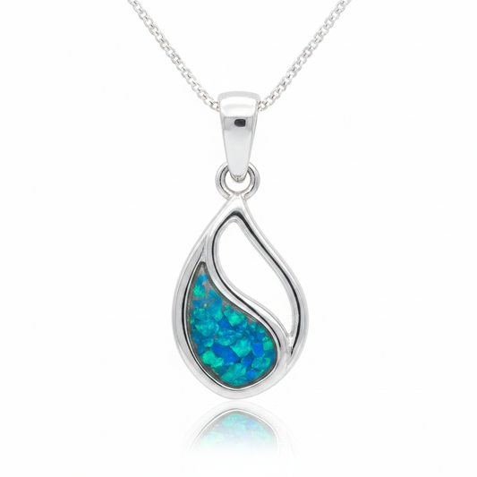 925 sterling silver flowing open teardrop memorial pendant necklace with blue teal opal resin in pear bezel on white background