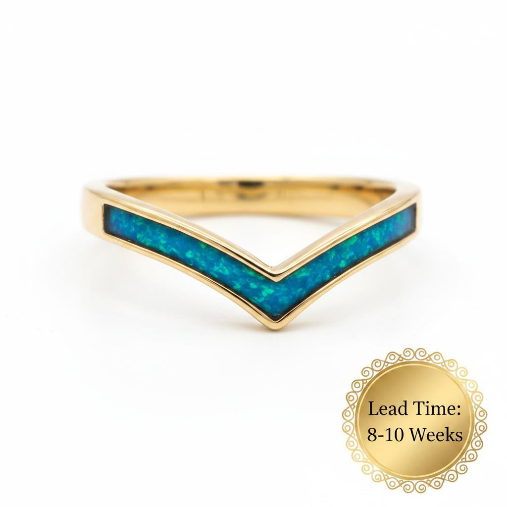 9ct gold plain wishbone ring with blue teal opal resin channel, white background, lead time 8-10 weeks sticker