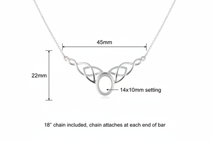 Silver 925 Celtic triquetra bar memorial necklace dimensions — 45x22mm bar, 14x10mm oval centre, 18" chain