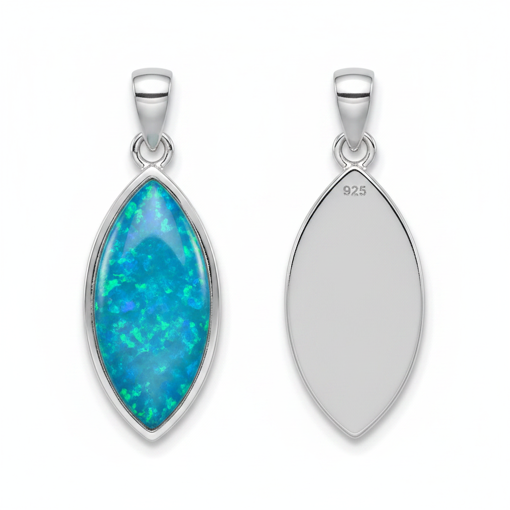 925 sterling silver marquise memorial pendant front and back showing opal resin face and flat engravable back