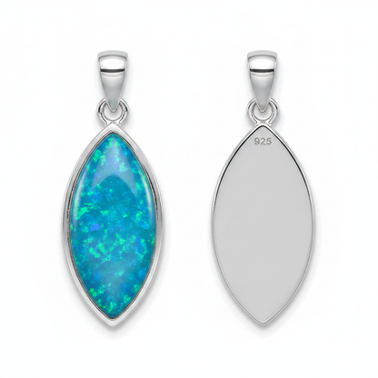 925 sterling silver marquise memorial pendant front and back showing opal resin face and flat engravable back
