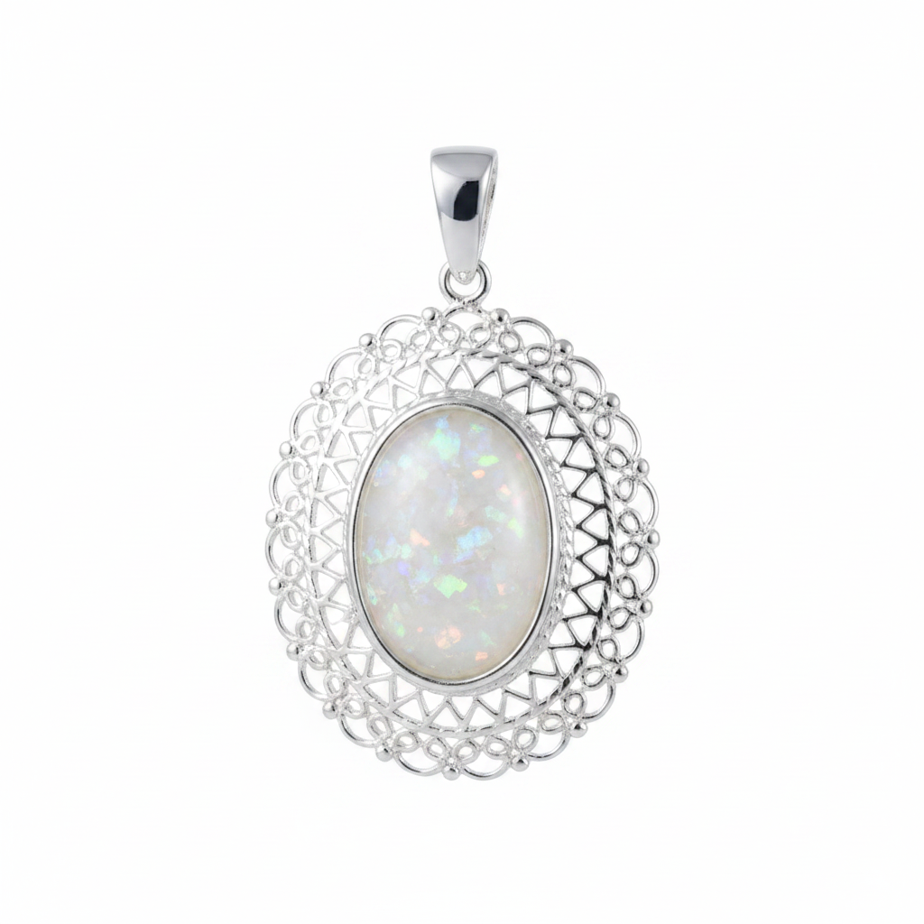 Silver 925 oval filigree memorial pendant with white opal and mica, white background