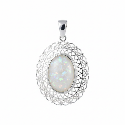 Silver 925 oval filigree memorial pendant with white opal and mica, white background