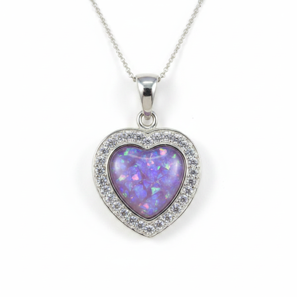 Silver 925 heart memorial pendant with CZ surround filled with lavender purple opal flakes