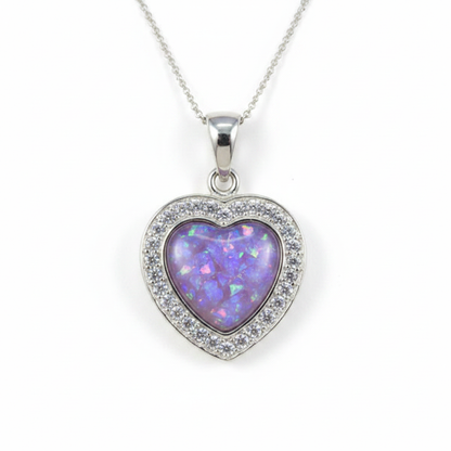 Silver 925 heart memorial pendant with CZ surround filled with lavender purple opal flakes