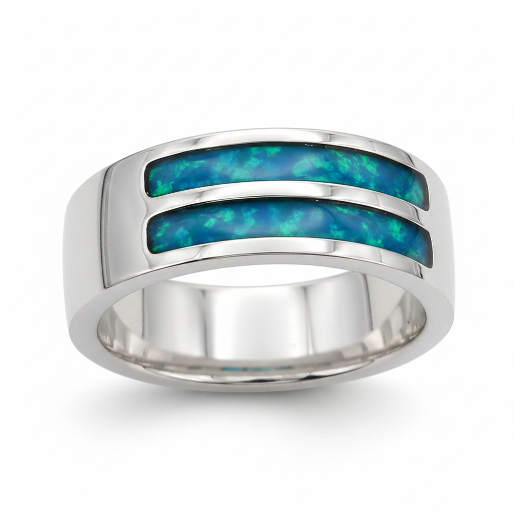 Gents Double Channel 7mm 925 Silver Band Ring with blue teal opal resin — pure white background