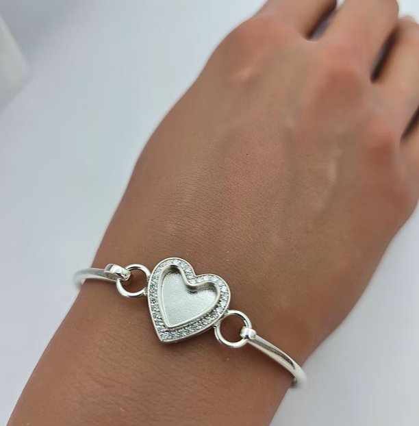 Heart CZ Hook Clasp 925 Silver Bangle | Ashes, Hair & Fur Memorial Keepsake