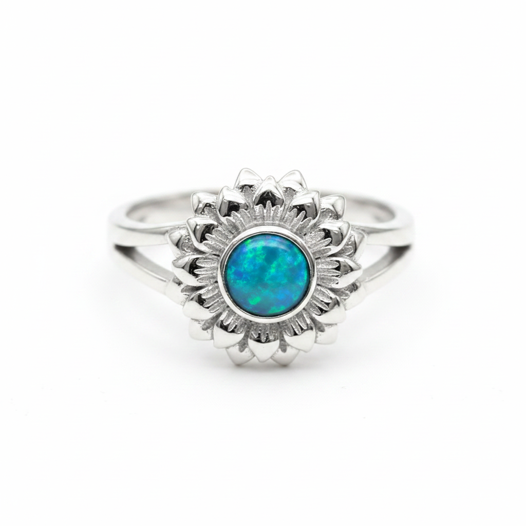 Sunflower Split Shank 925 Silver Ring with blue teal opal resin — pure white background