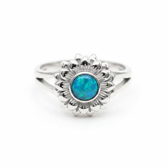 Sunflower Split Shank 925 Silver Ring with blue teal opal resin — pure white background