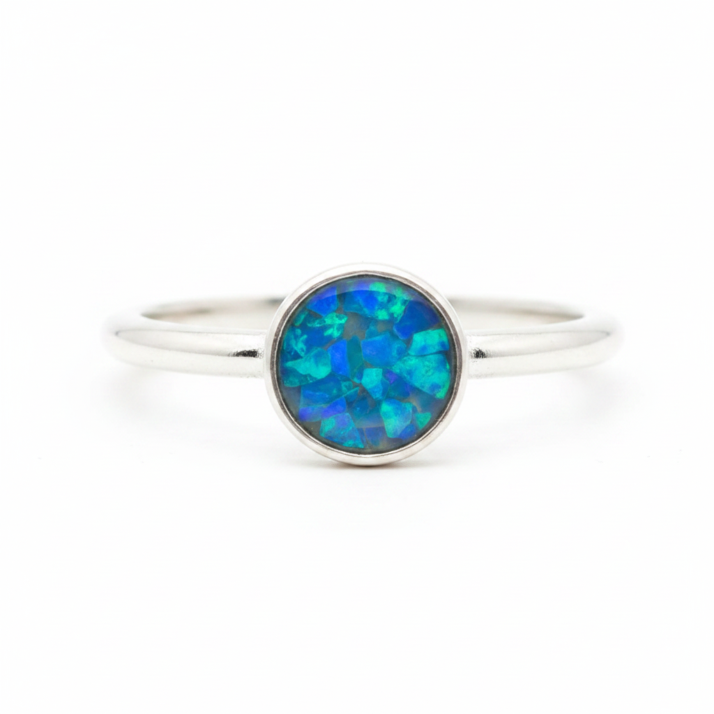 925 sterling silver 6mm cabochon rubover bezel memorial ring with blue teal opal flakes in flat resin setting on white background