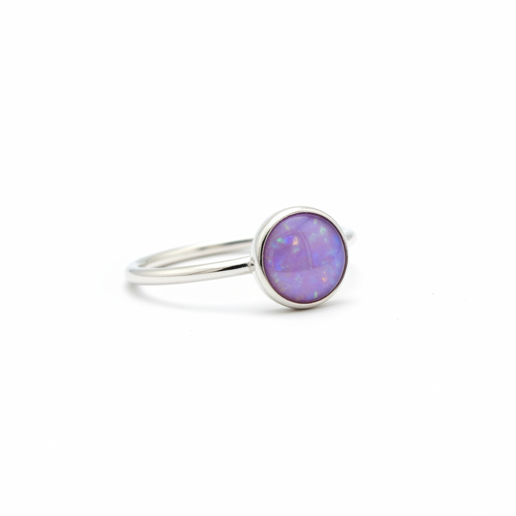 Silver 925 delicate stacker memorial ring — lavender purple opal flakes resin in 6mm round setting, ultra-fine wire band