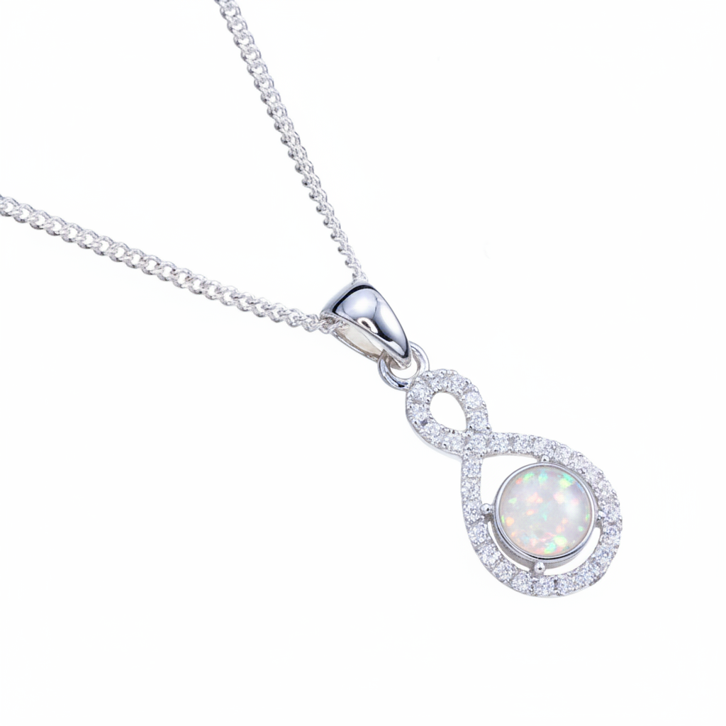CZ Infinity Pendant Necklace 925 Sterling Silver with white pearl opal flake inclusion on silver chain