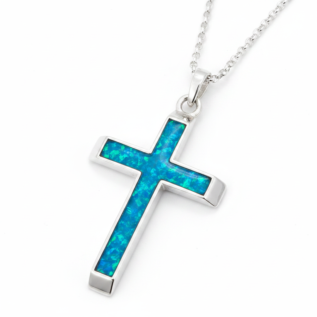 Gents 3D silver cross pendant with blue teal opal resin channels, white background