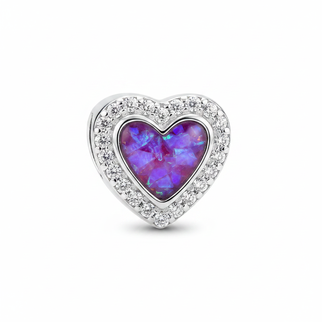 Heart CZ Bead 925 Silver Memorial Charm – purple lavender opal inclusion, charm only