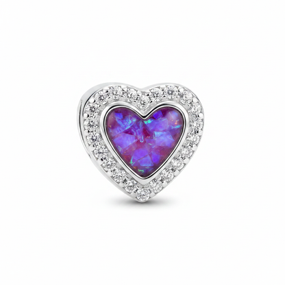 Heart CZ Bead 925 Silver Memorial Charm – purple lavender opal inclusion, charm only