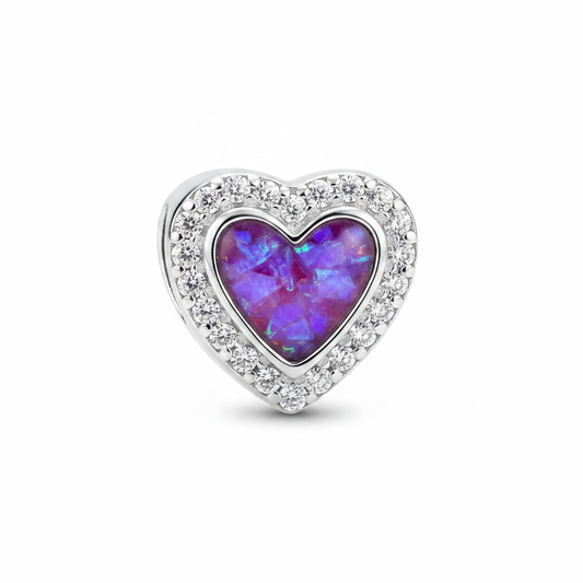 Heart CZ Bead 925 Silver Memorial Charm – purple lavender opal inclusion, charm only