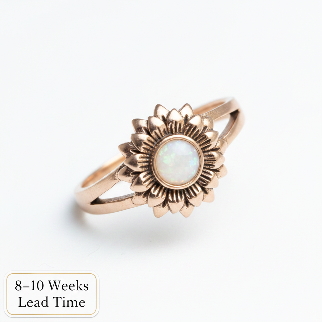 9ct Gold Sunflower Split Shank Ring — white pearl opal resin in centre bezel, white background