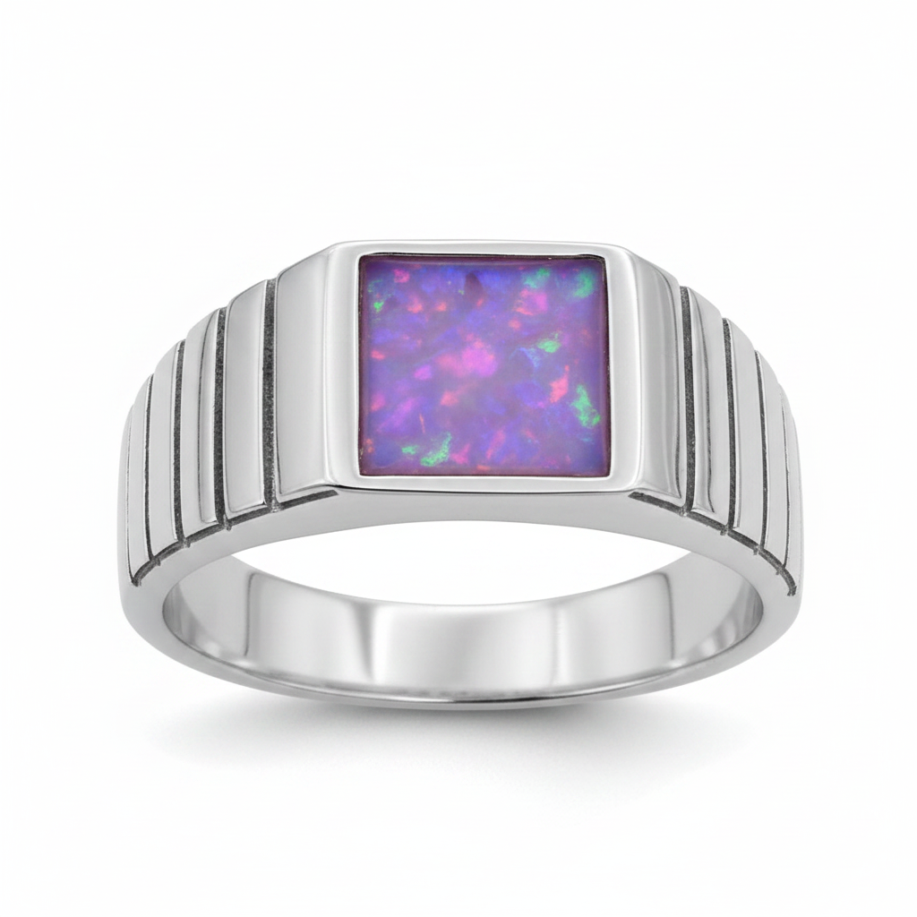 Gents Square Line 925 Silver Signet Ring with lavender purple opal resin memorial setting
