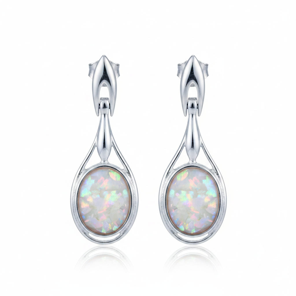 Silver 925 hinged drop earrings - white pearl opal resin filled