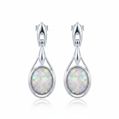 Silver 925 hinged drop earrings - white pearl opal resin filled