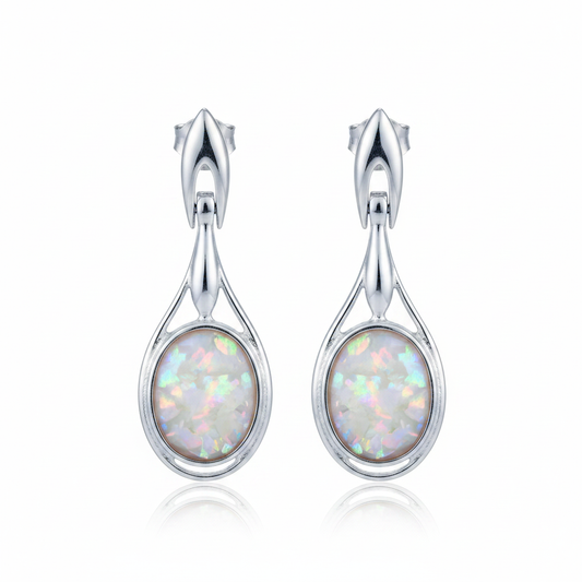 Silver 925 hinged drop earrings - white pearl opal resin filled