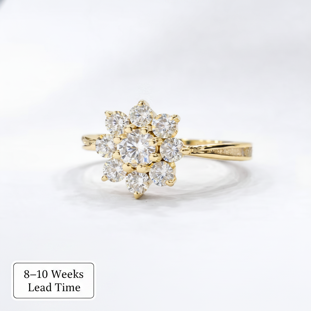 9ct Gold Celestial Cluster CZ Ring — white pearl opal resin, white background