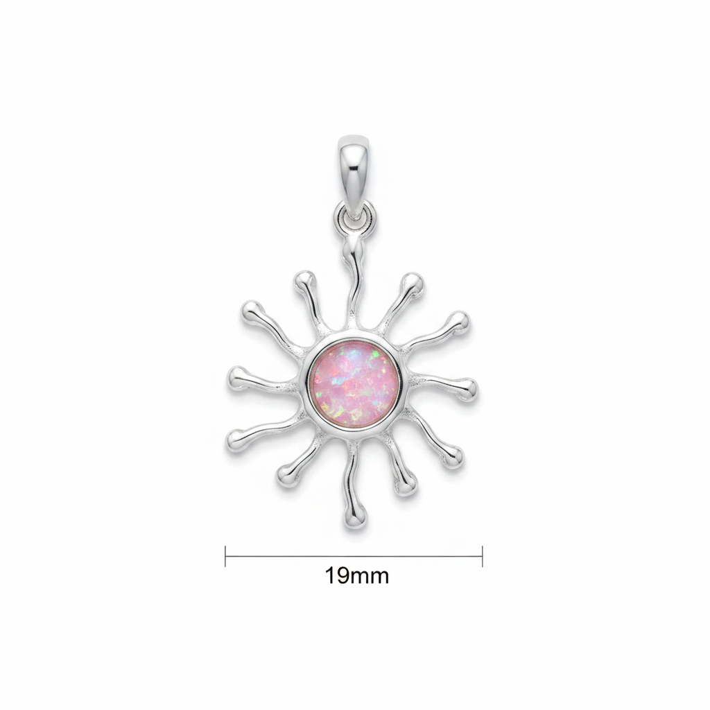 Silver 925 sunburst memorial pendant with pink opal flakes, white background