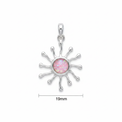 Silver 925 sunburst memorial pendant with pink opal flakes, white background