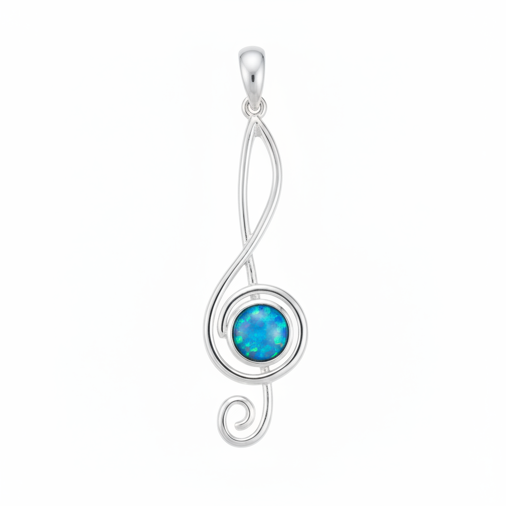 Silver 925 treble clef music note memorial pendant with blue opal flakes, white background