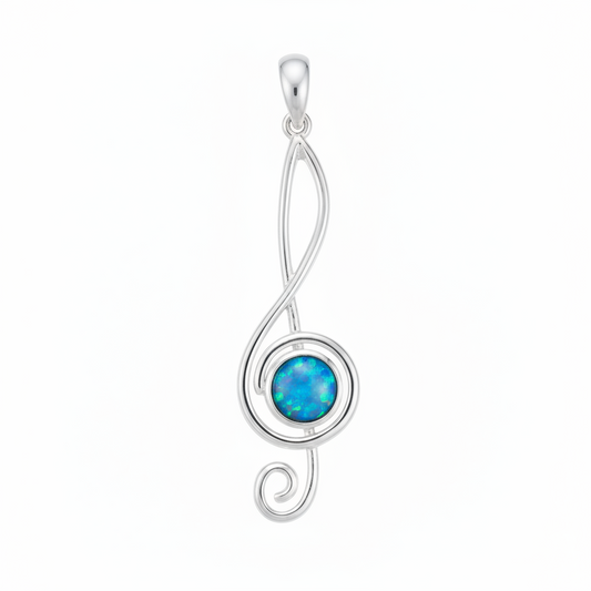 Silver 925 treble clef music note memorial pendant with blue opal flakes, white background