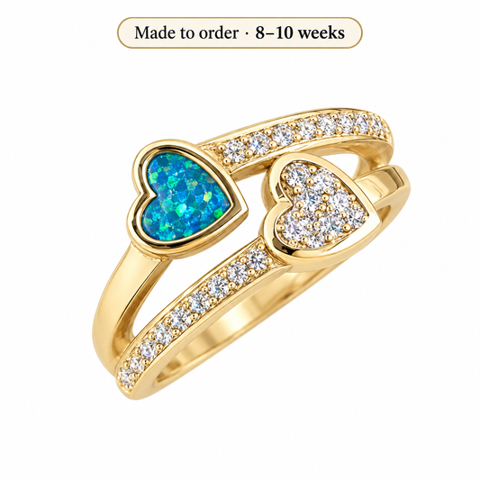 Illustrative 9ct gold Twin Love CZ memorial ring with blue teal opal resin inclusion