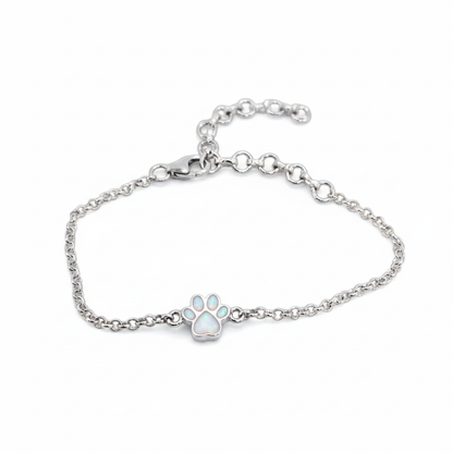 Mini paw charm silver bracelet with white pearl opal resin in paw charm, white background