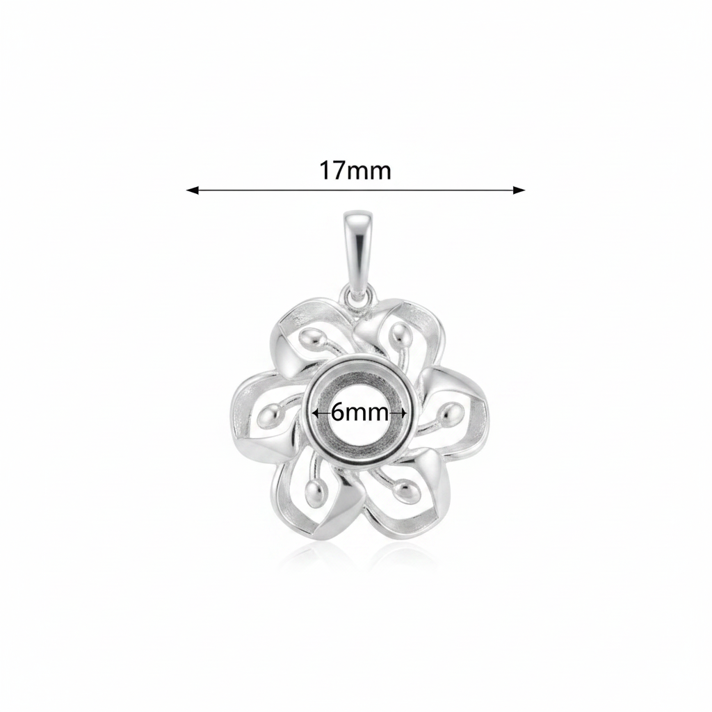 Silver 925 flower memorial pendant dimensions — 17mm overall, 6mm round centre setting