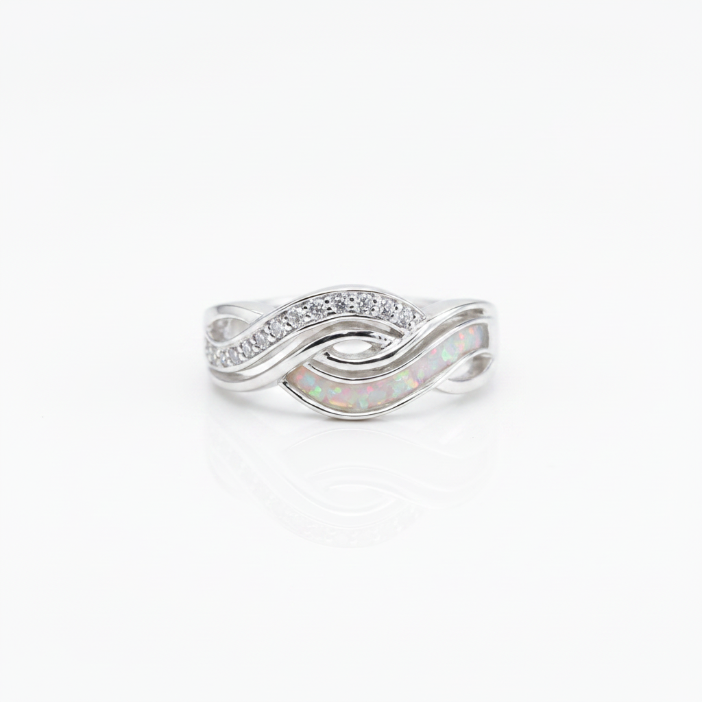 Half infinity sterling silver memorial ring with white pearl opal flakes inclusion