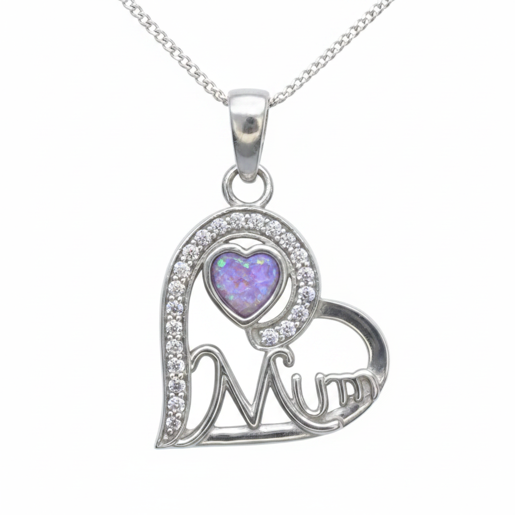 925 sterling silver Mum heart memorial pendant necklace with lavender purple opal resin in heart bezel on white background