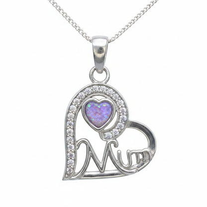 925 sterling silver Mum heart memorial pendant necklace with lavender purple opal resin in heart bezel on white background