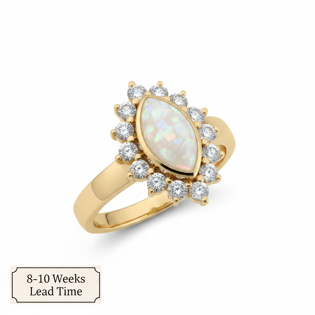 9ct Gold Princess Marquise CZ Halo Ring — white pearl opal resin, white background