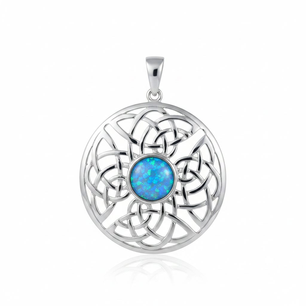 Silver 925 round Celtic knotwork memorial pendant with blue opal flakes, white background