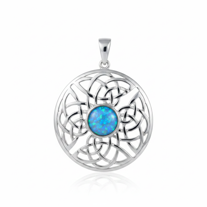 Silver 925 round Celtic knotwork memorial pendant with blue opal flakes, white background