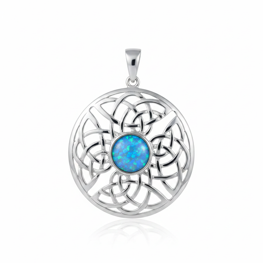 Silver 925 round Celtic knotwork memorial pendant with blue opal flakes, white background